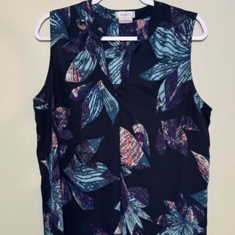 Van Heusen Navy and Teal Leaf Print Sleeveless Blouse